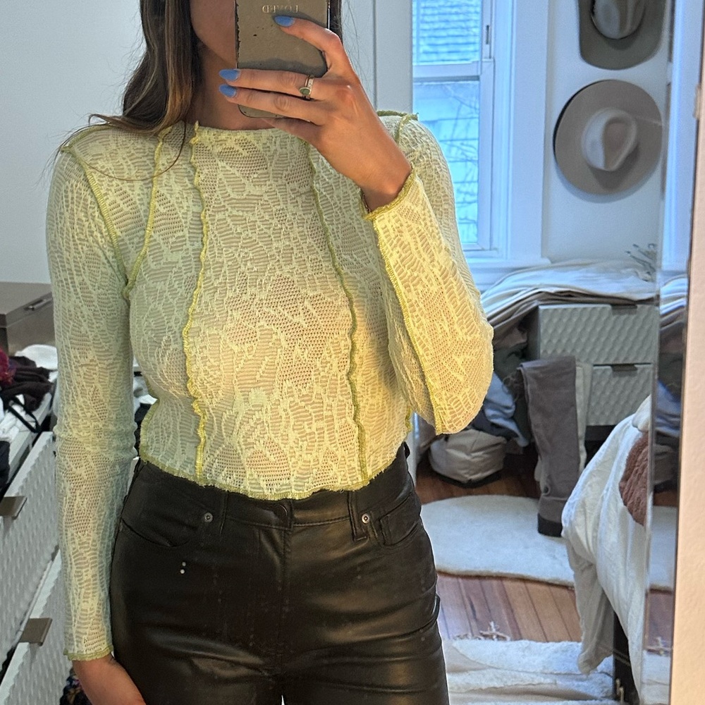 Lace Mock Neck Top with Exposed Stitching